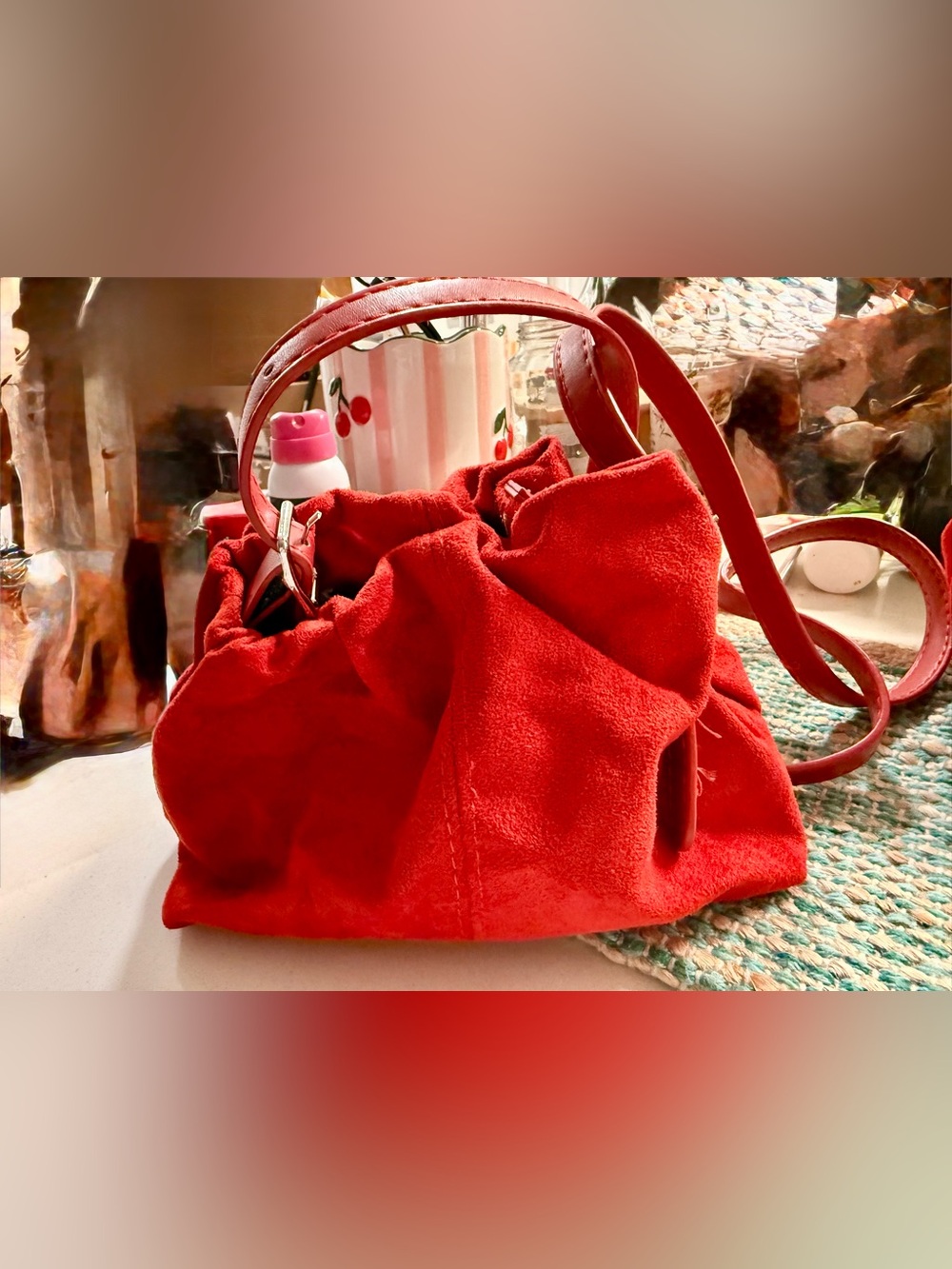 Plush Red Suede Drawstring Shoulder Bag